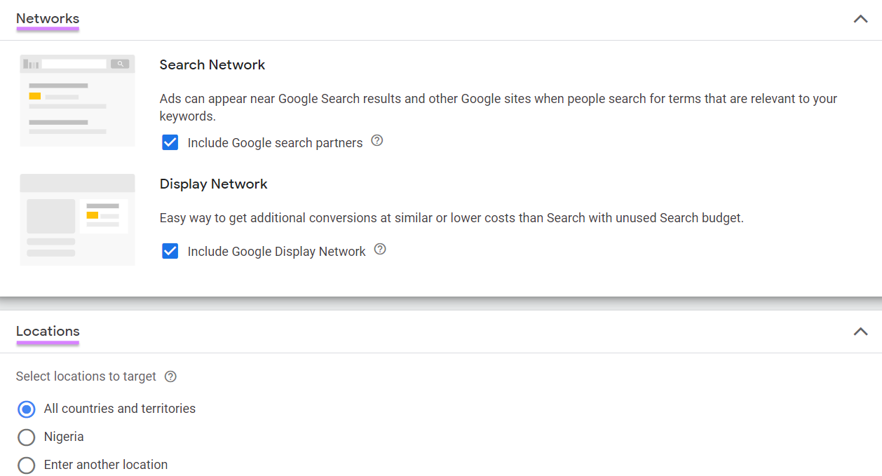 Customize networks and locations in campaign settings