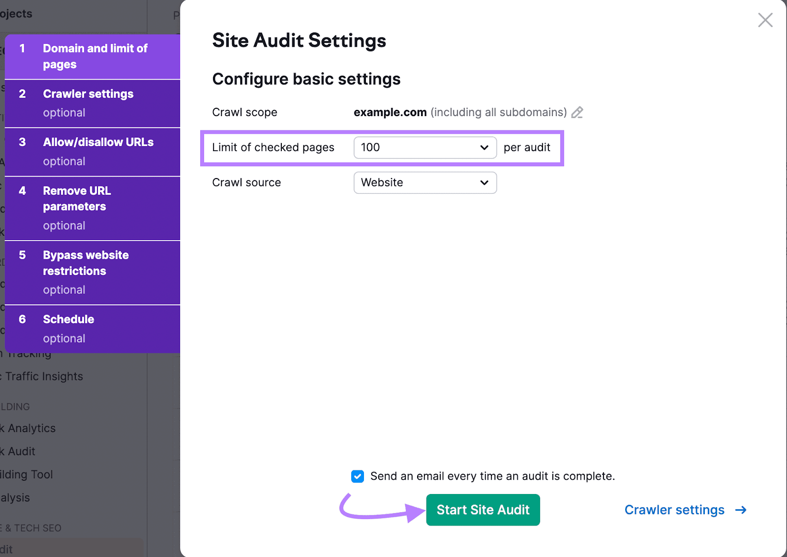 "Site Audit Settings" window