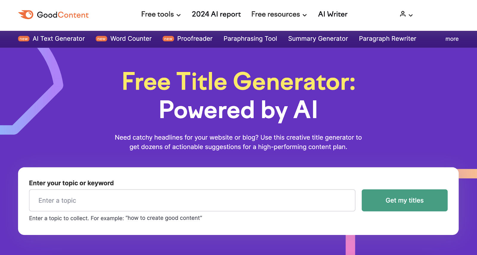 semrush free title generator tool landing page