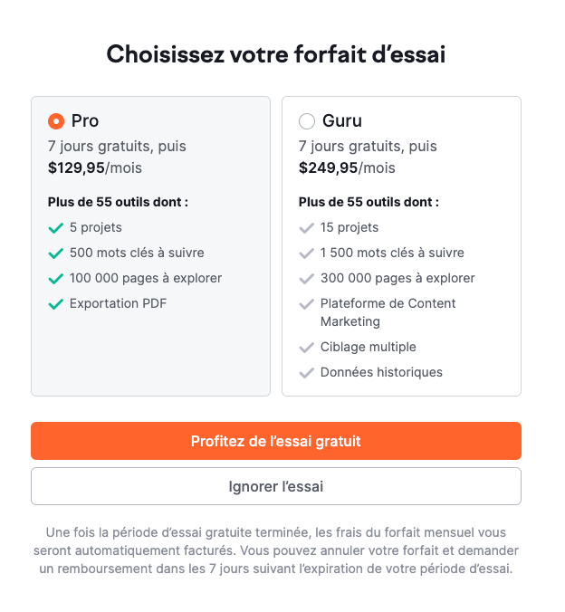 Semrush - Choisissez votre forfait d’essai