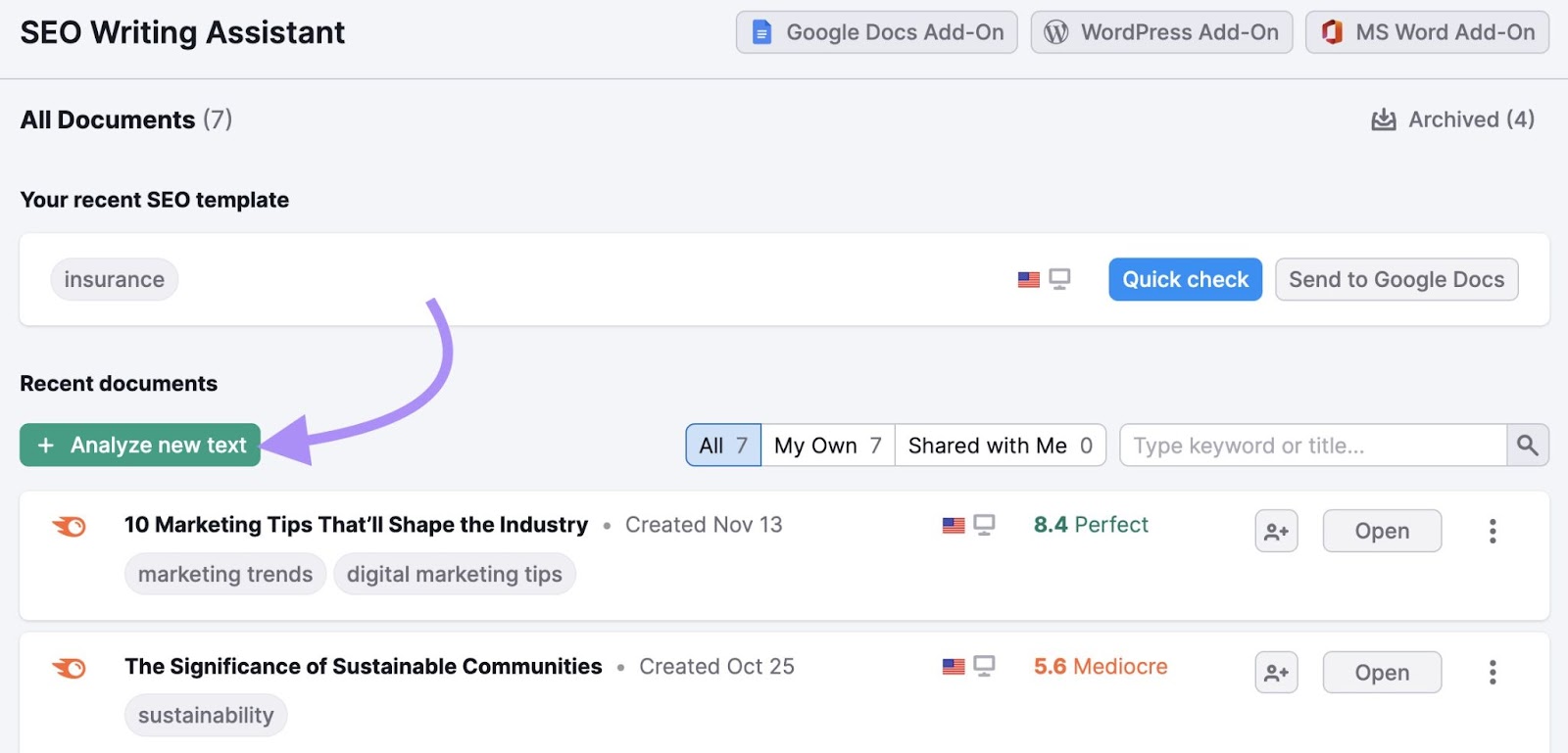 “+ Analyze new text" button in SEO Writing Assistant