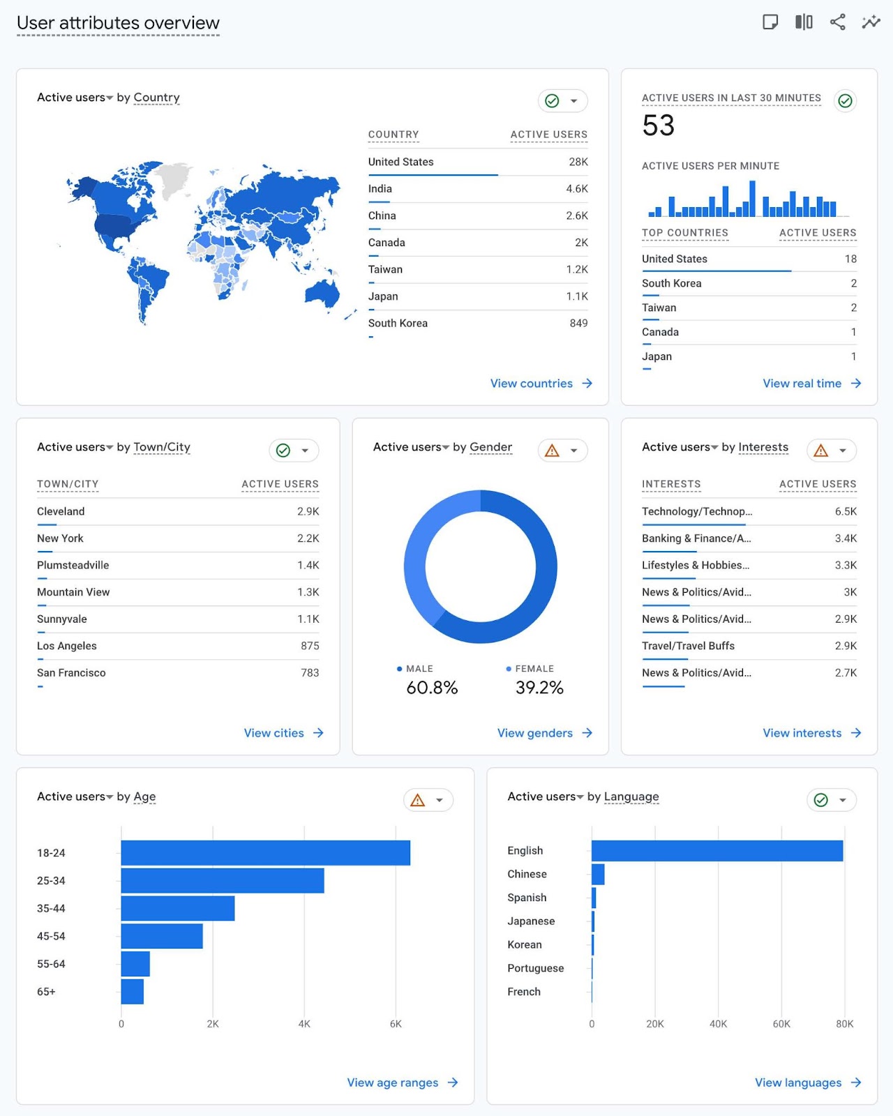 User attributes overview report on GA4 showing a breakdown of users by country, city, gender, interests, age, etc.