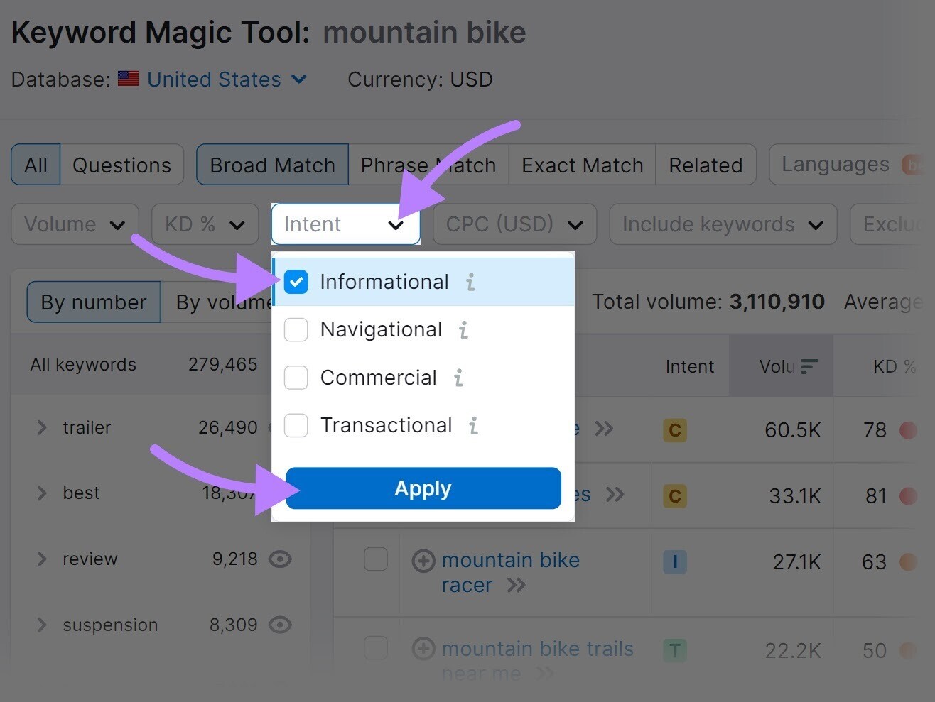 Menu déroulant du filtre « Intention » dans Keyword Magic Tool