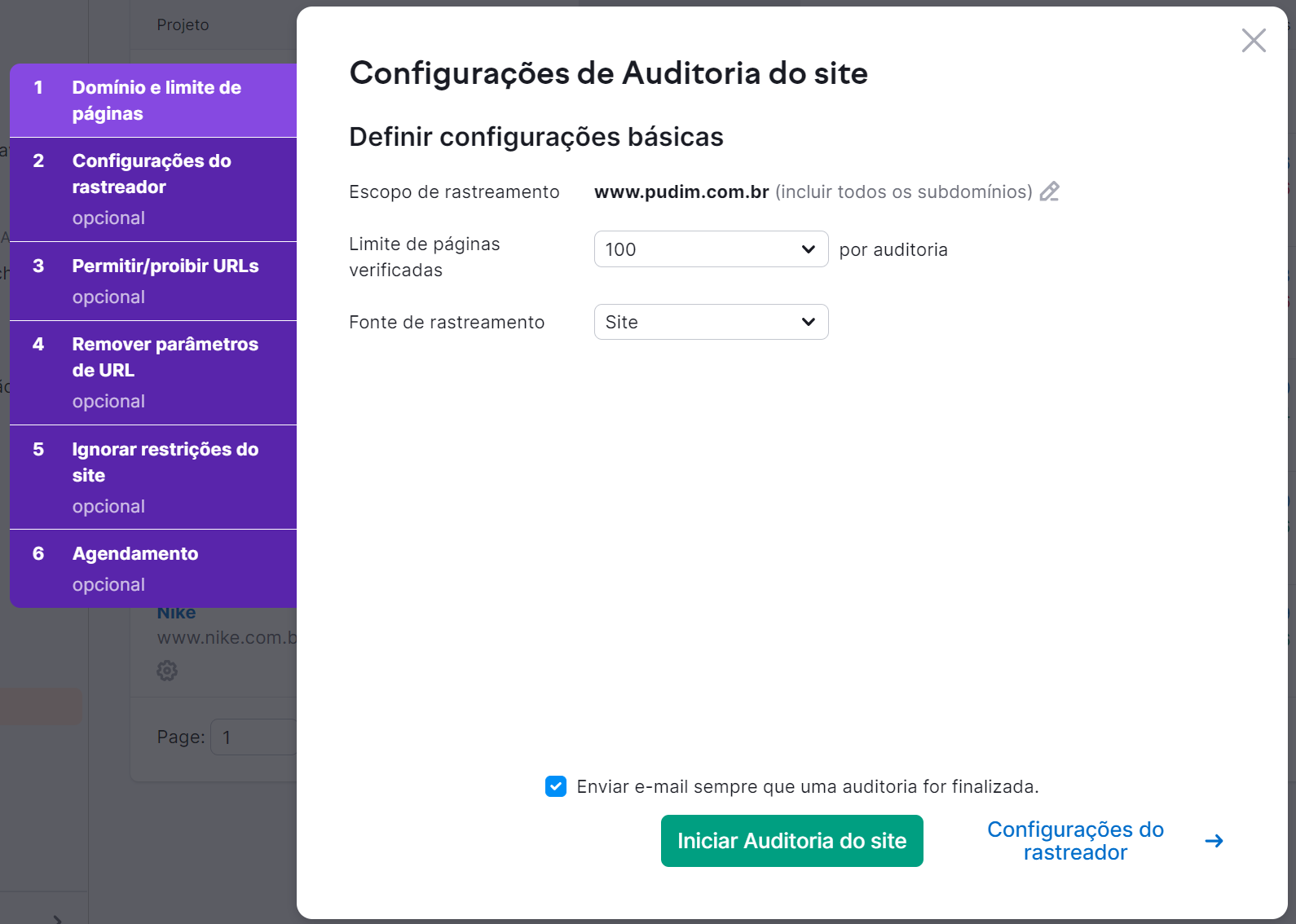 configurando projeto na ferramenta auditoria do site