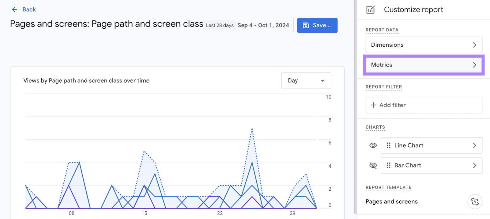 Metrics option highlighted