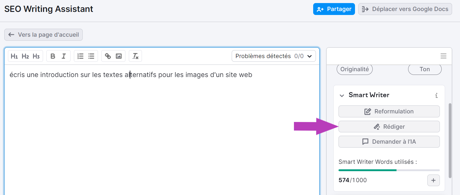 Fonction Rédiger dans SEO Writing Assistant