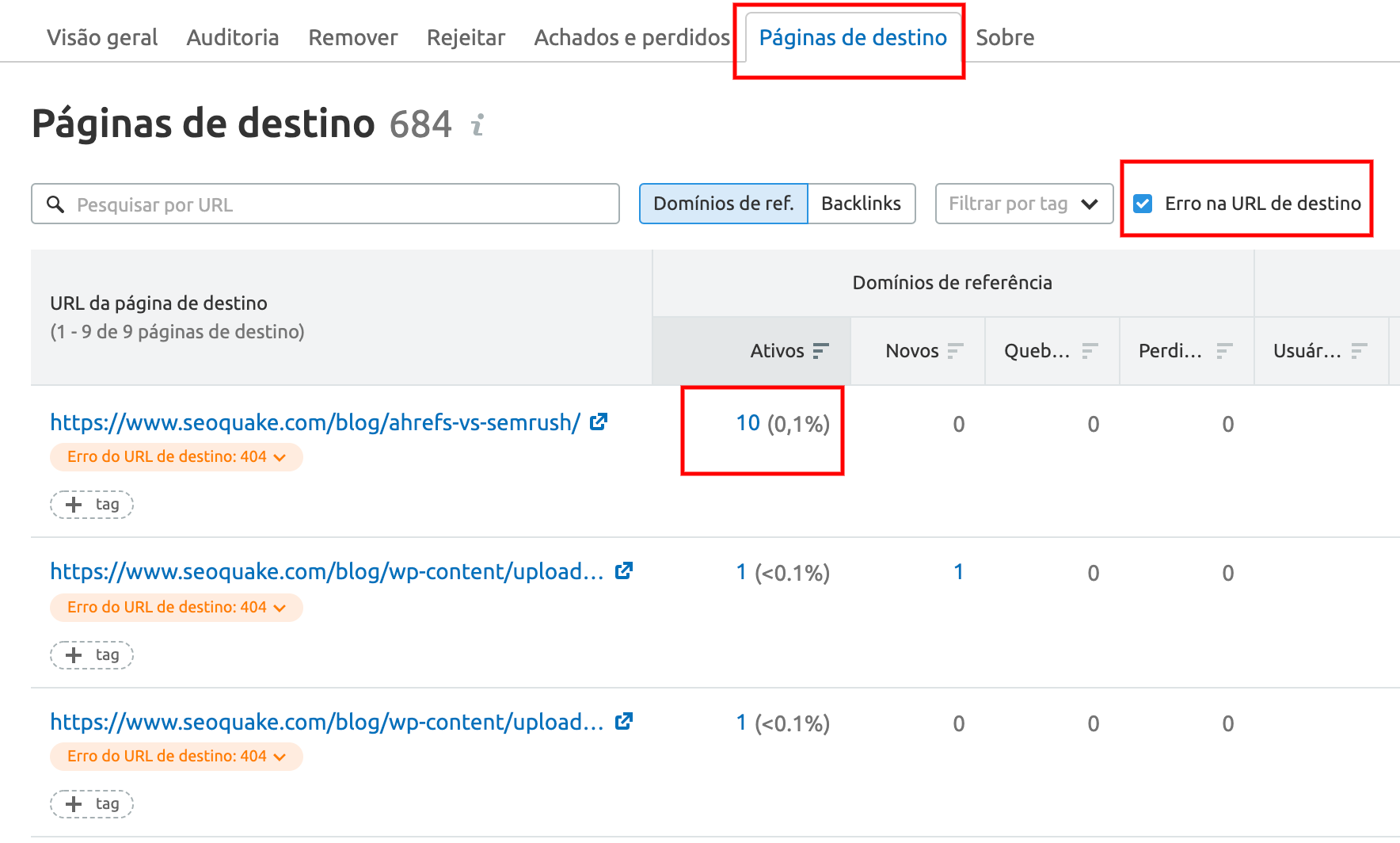 Como encontrar e consertar links quebrados com Semrush 6 Backlinks quebrados configuração
