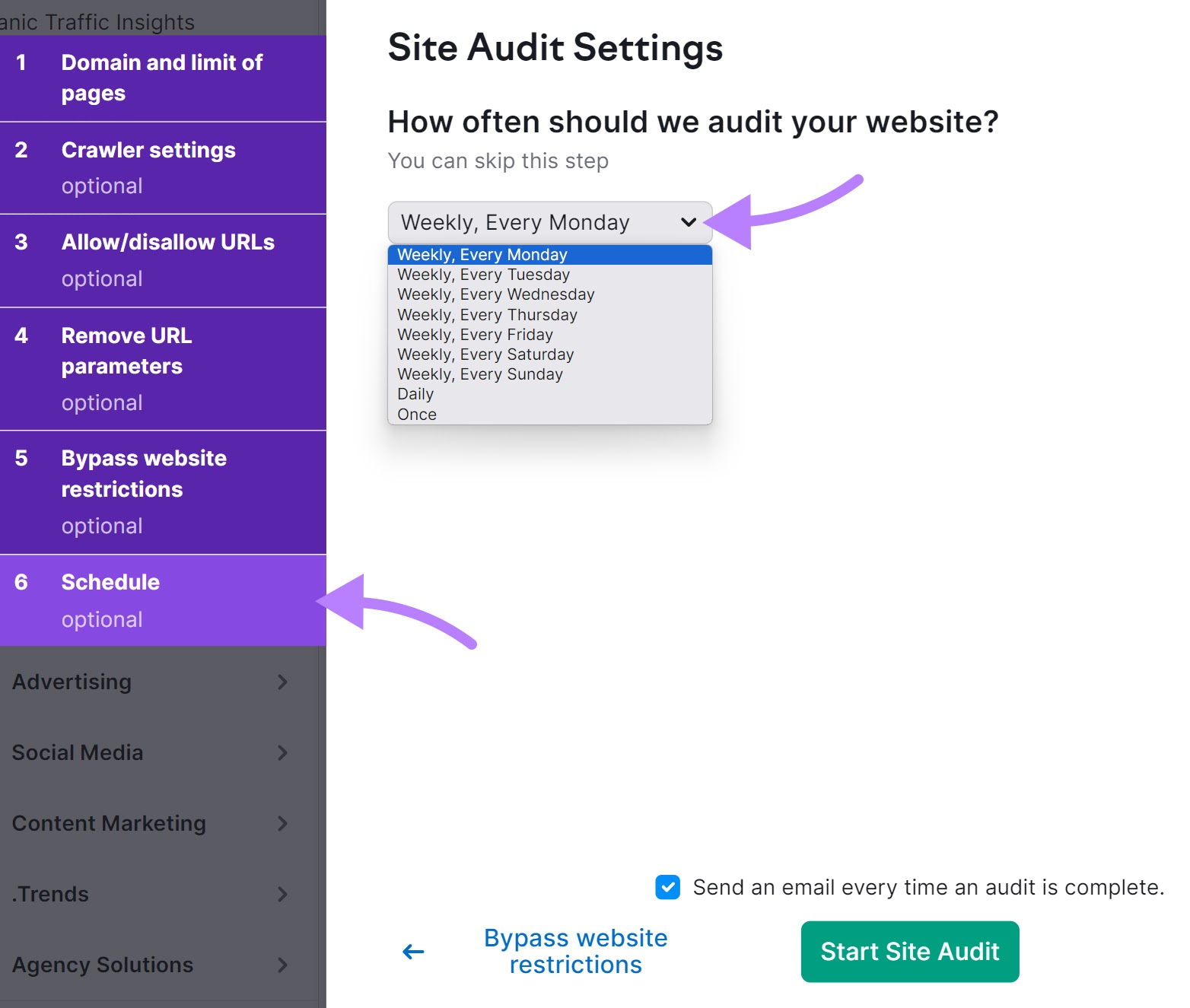 "How often should we audit your website?" window in Site Audit Settings