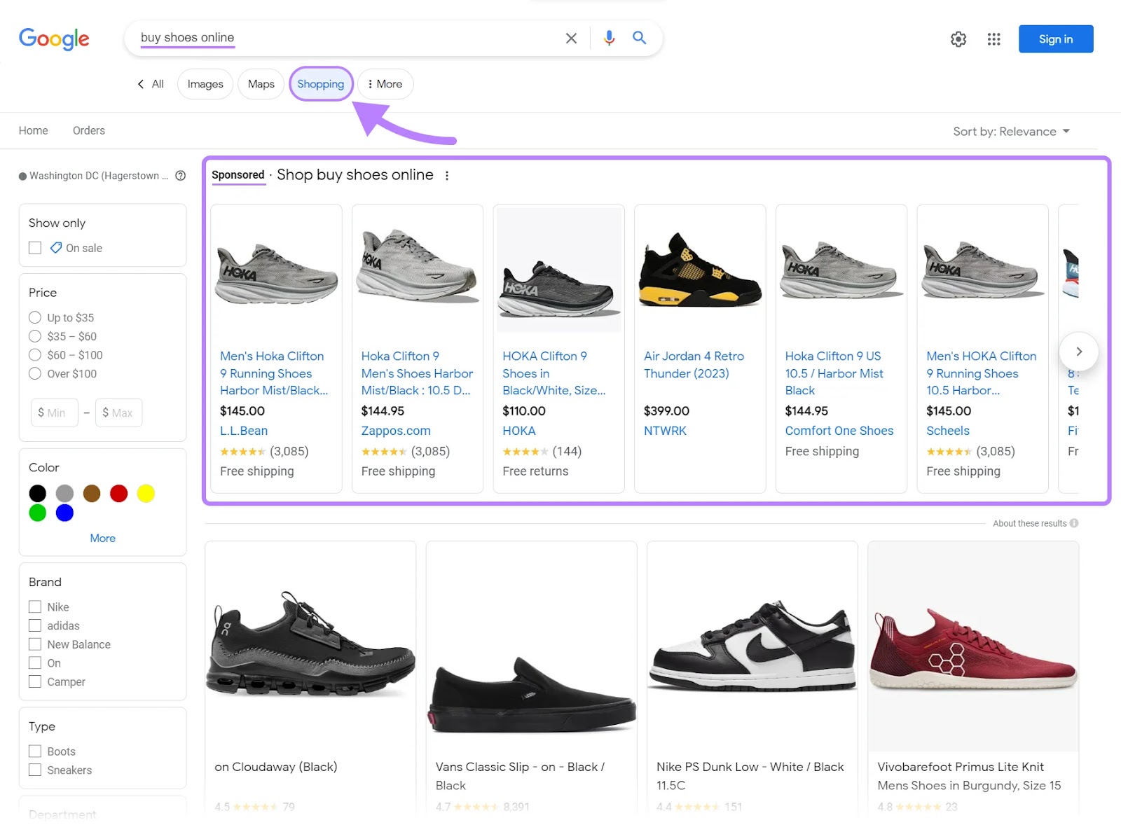 Google's “Shopping” tab for "buy shoes online" query