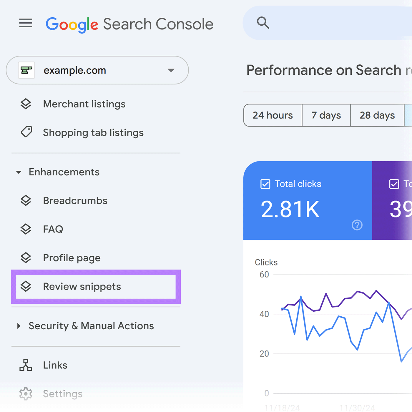 Google Search Console dashboard pinch Review snippets action highlighted