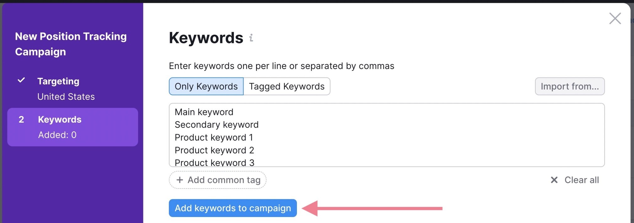 set up keywords