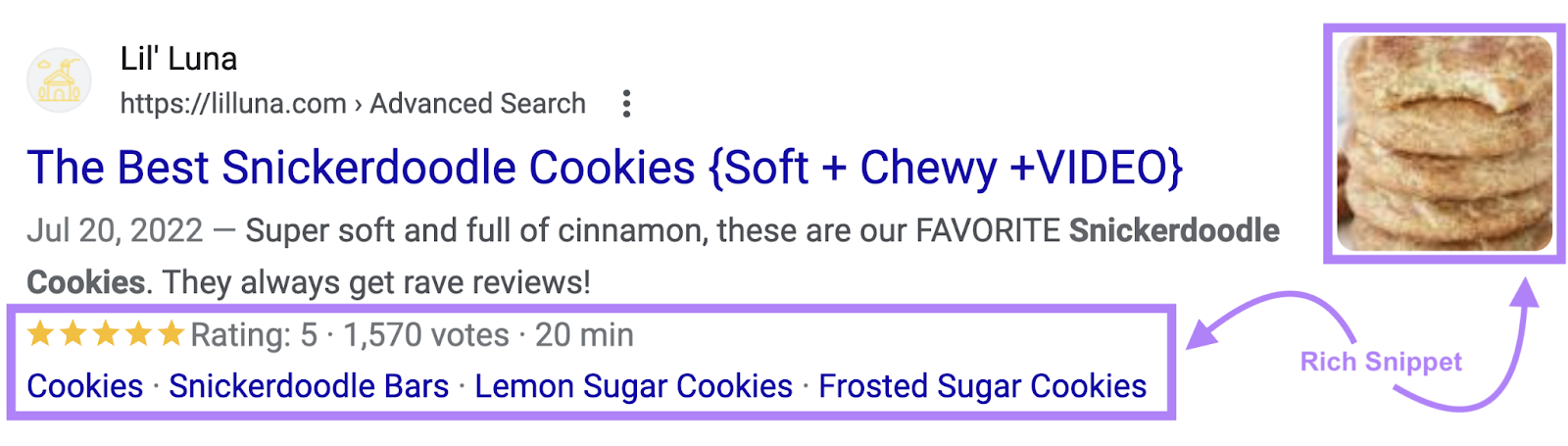 A recipe SERP listing has rich snippet features like number of ratings and reviews, sitelinks, and an image