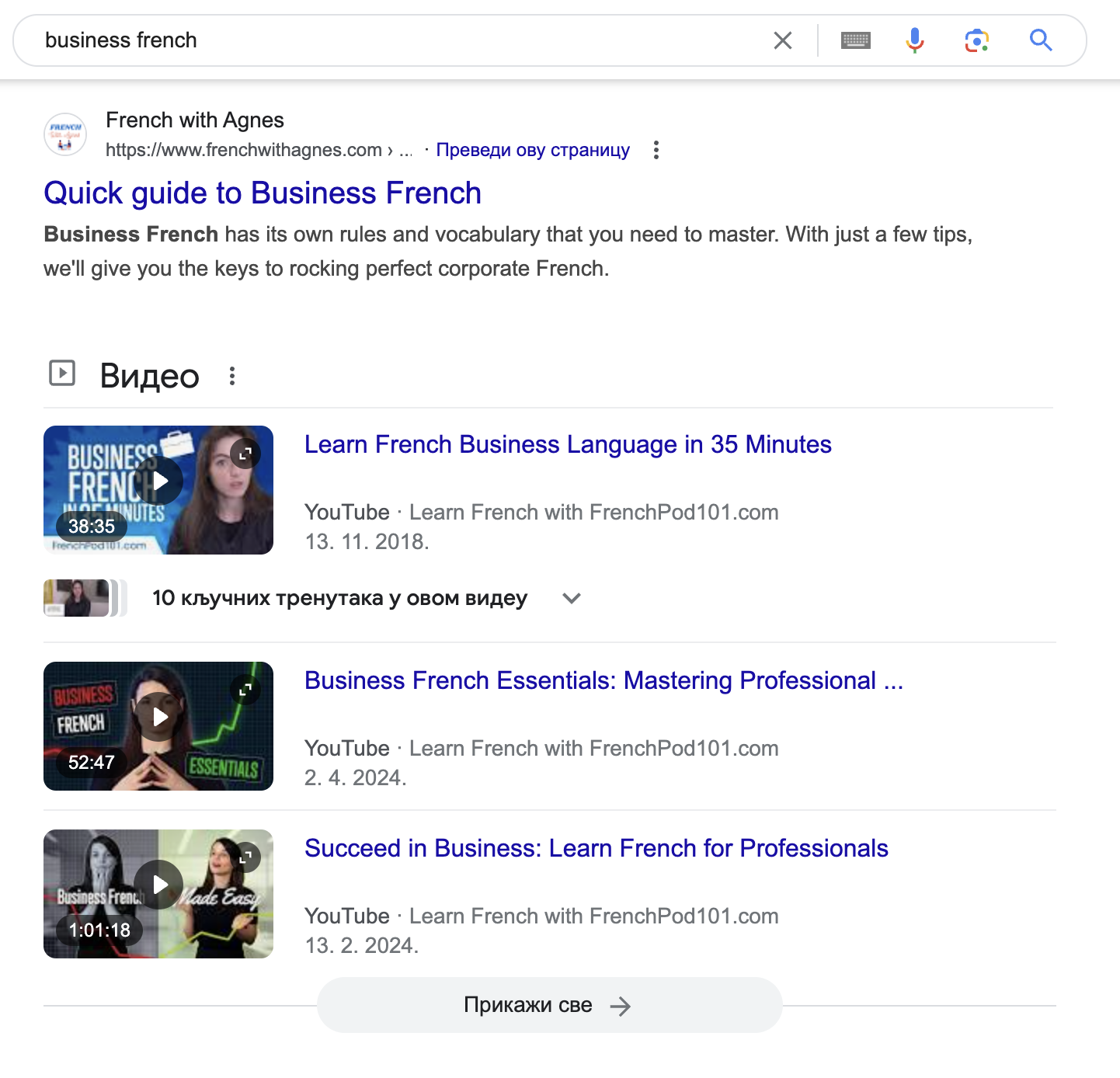 SERP for the word  "business french" showing informative blog posts and videos