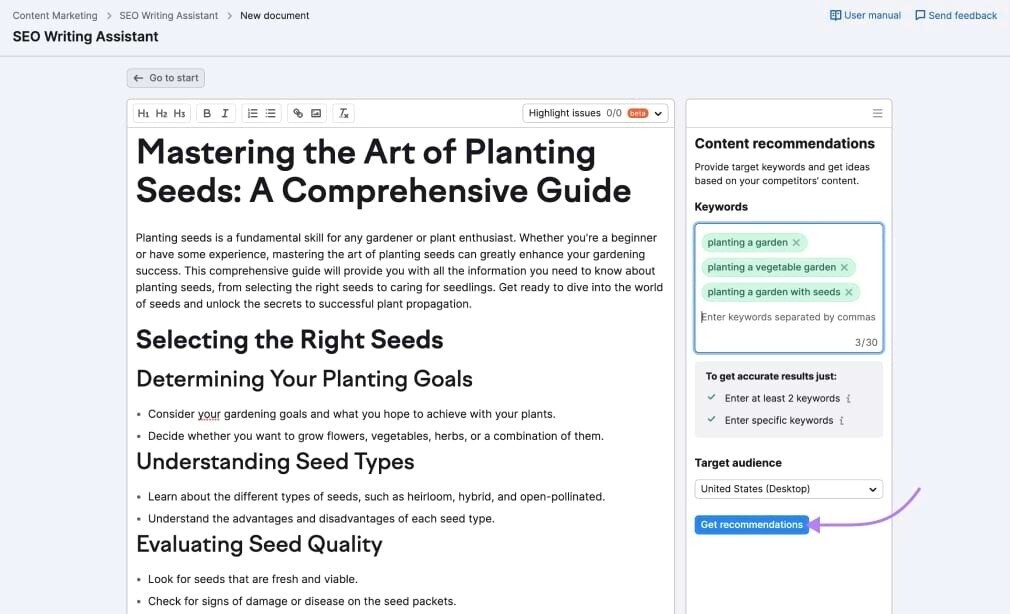 SEO Writing Assistant editor with “Get recommendations” button highlighted