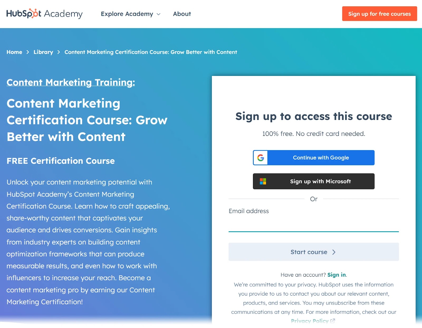 Content Marketing Certification Course landing page