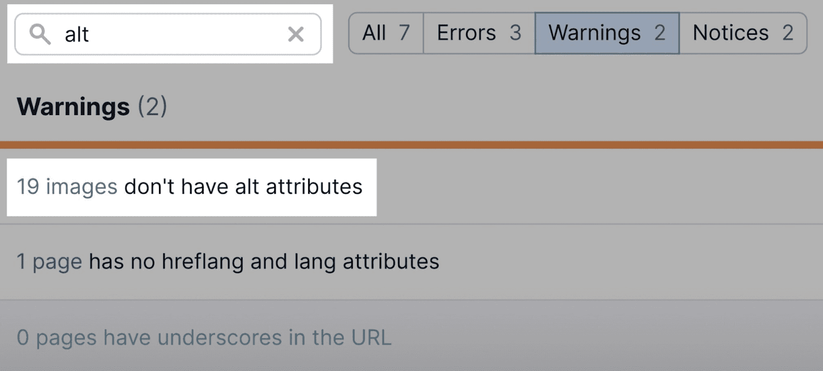 “Warnings” section in Site Audit with "19 images don't have alt attributes" highlighted