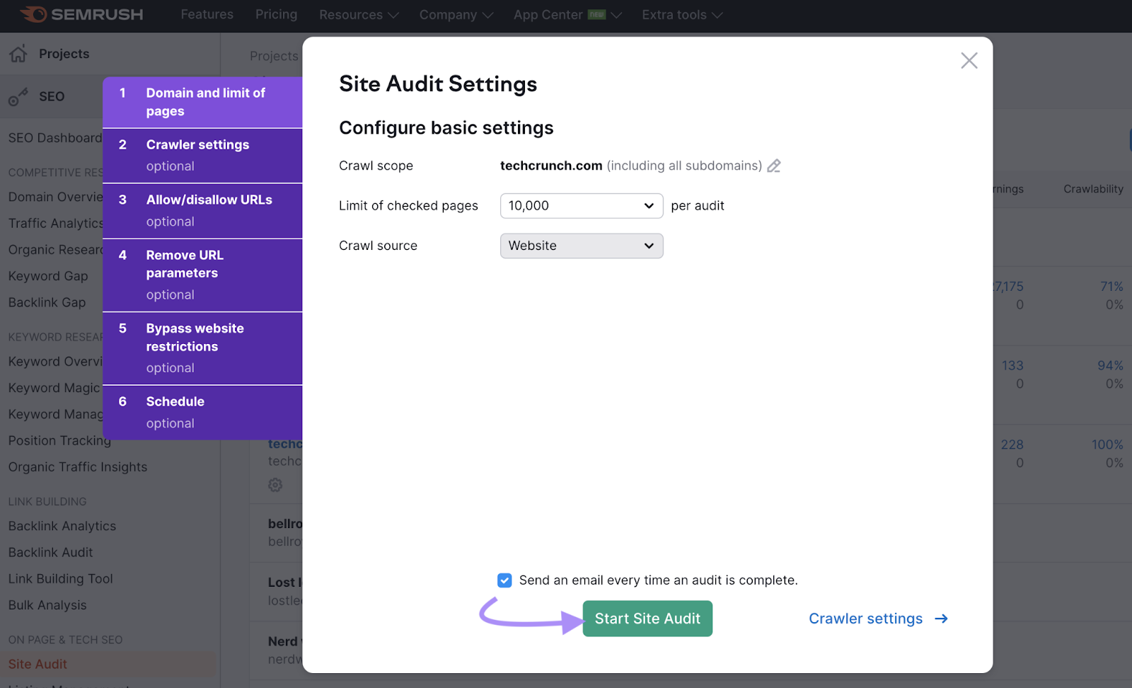 "Site Audit Settings" box