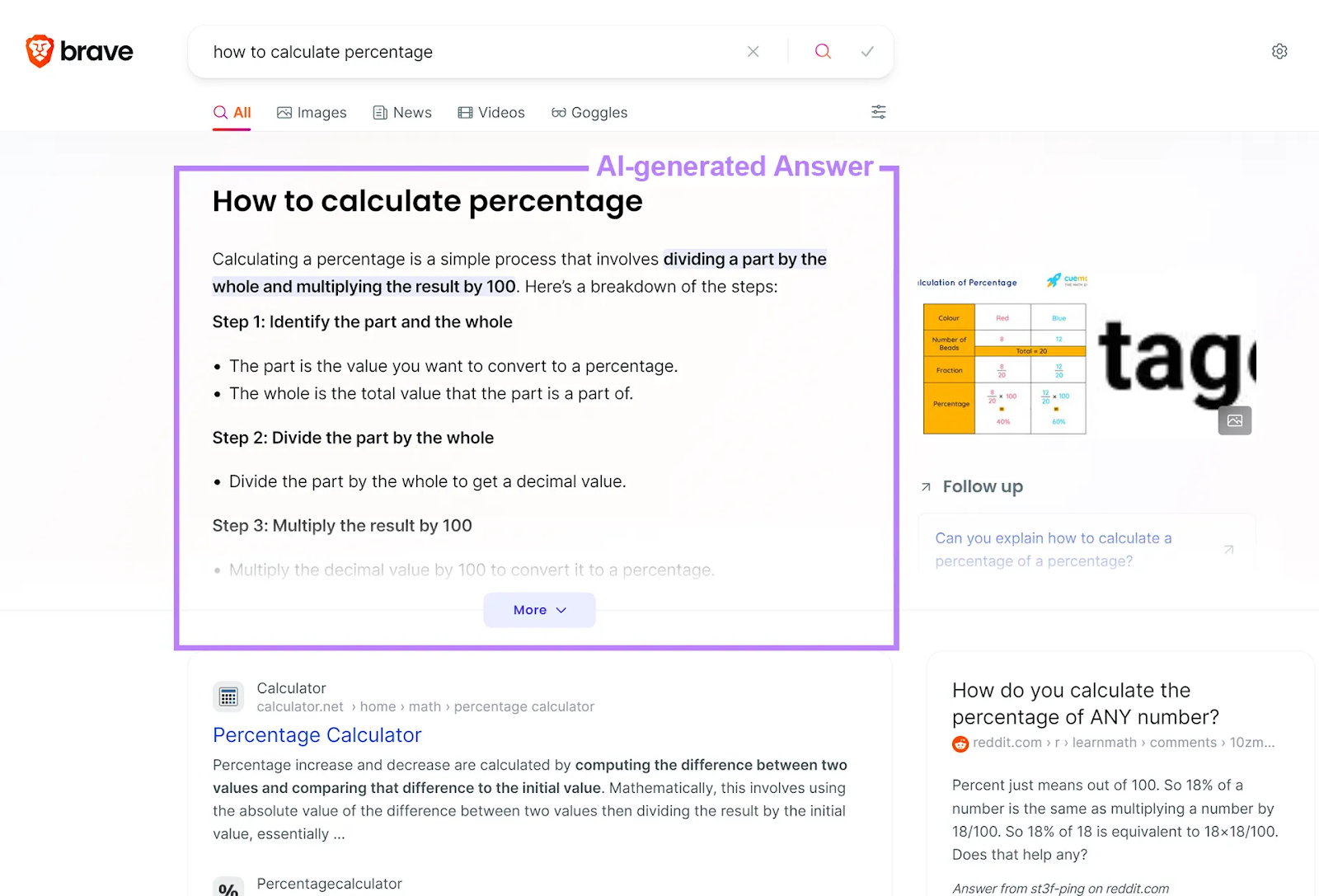 Brave SERP for "how to calculate percentage" with the AI-generated answer highlighted