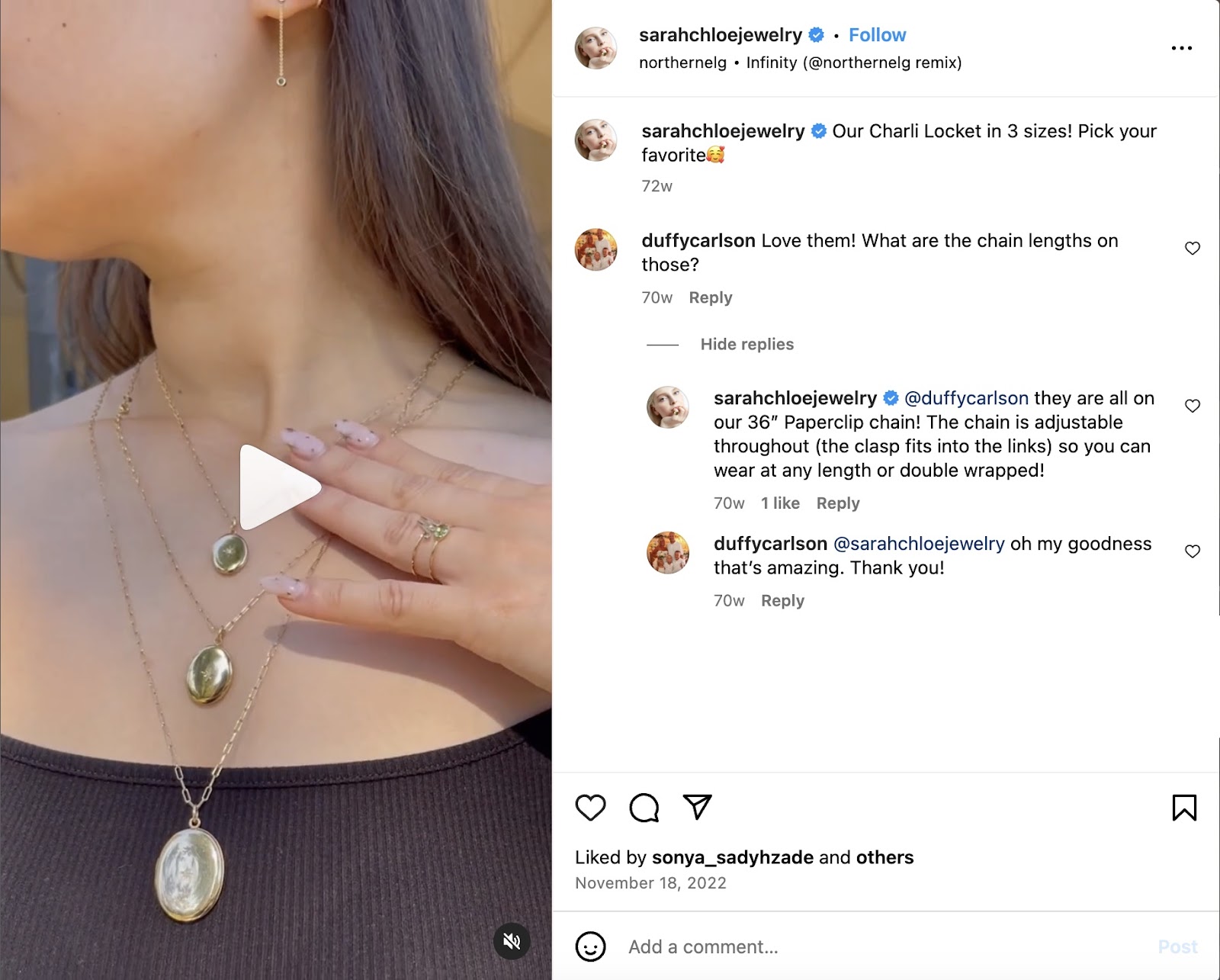 Instagram comments on a Sarah Chloe Jewelry Instagram post.