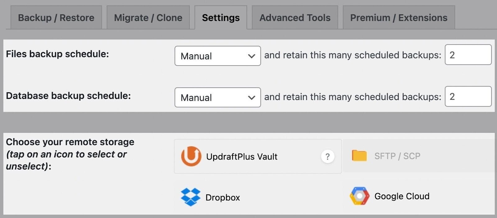 configuración updraft plus