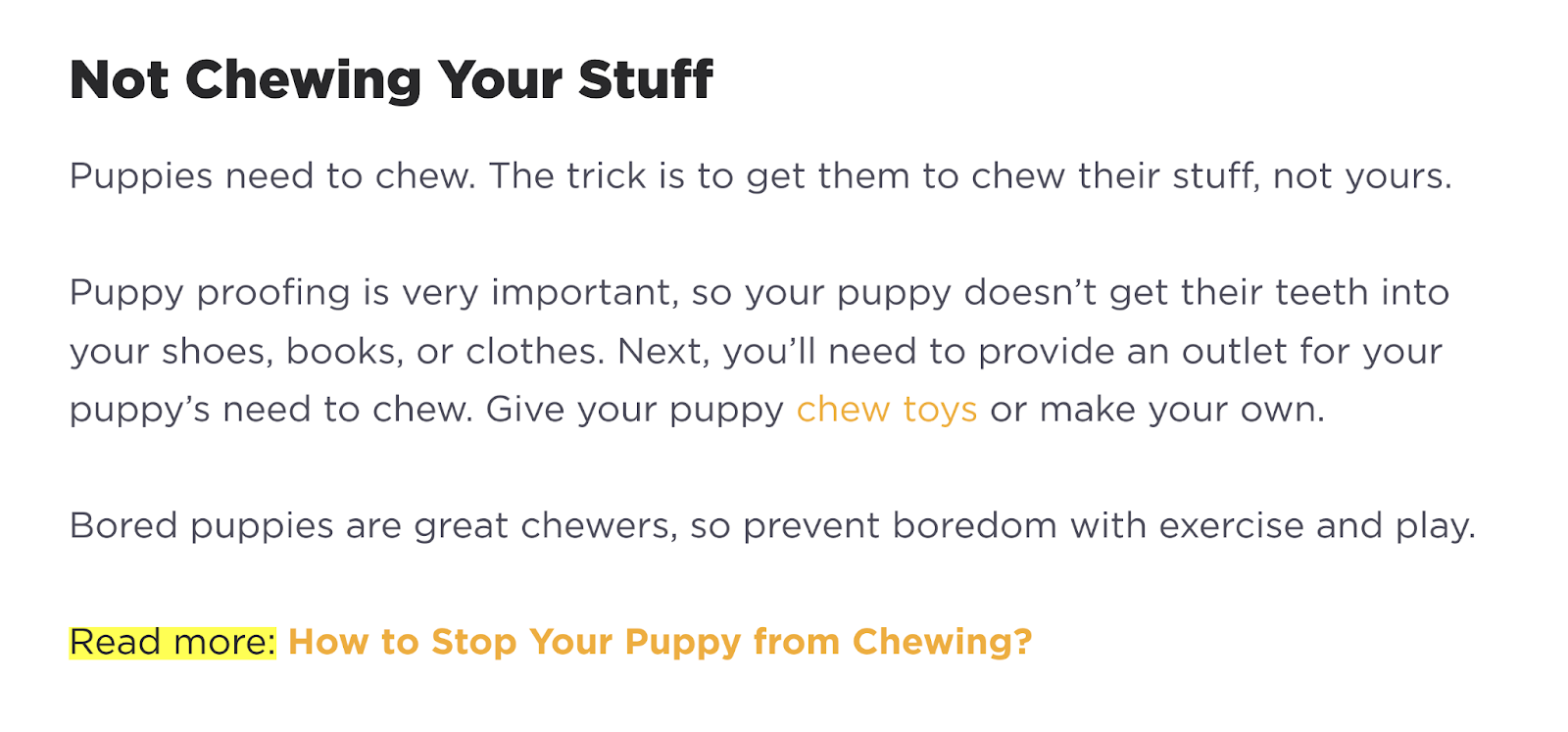 "En savoir plus : Comment empêcher votre chiot de mâcher" fin de la section du guide Petcube