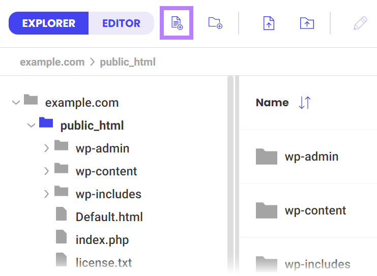 Web host's file manager showing the option to create a new file within the root directory.