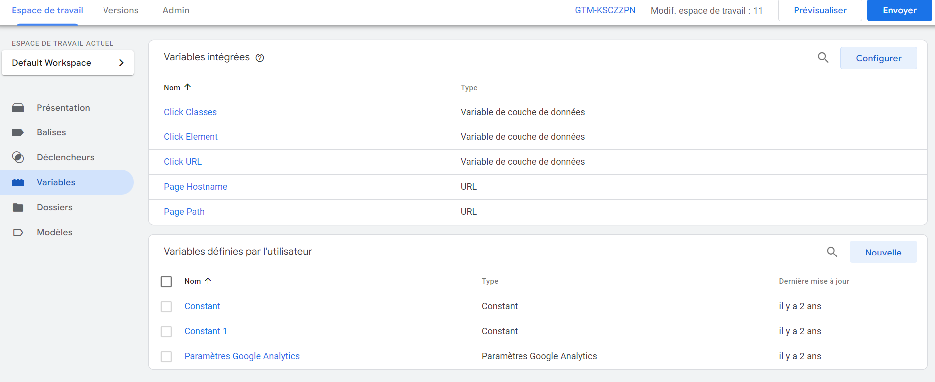 Onglet Variable de Google Tag Manager