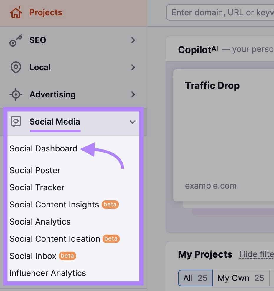 The "Projects" page on "Semrush" with the "Social Media" drop-down opened and “Social Dashboard” clicked.