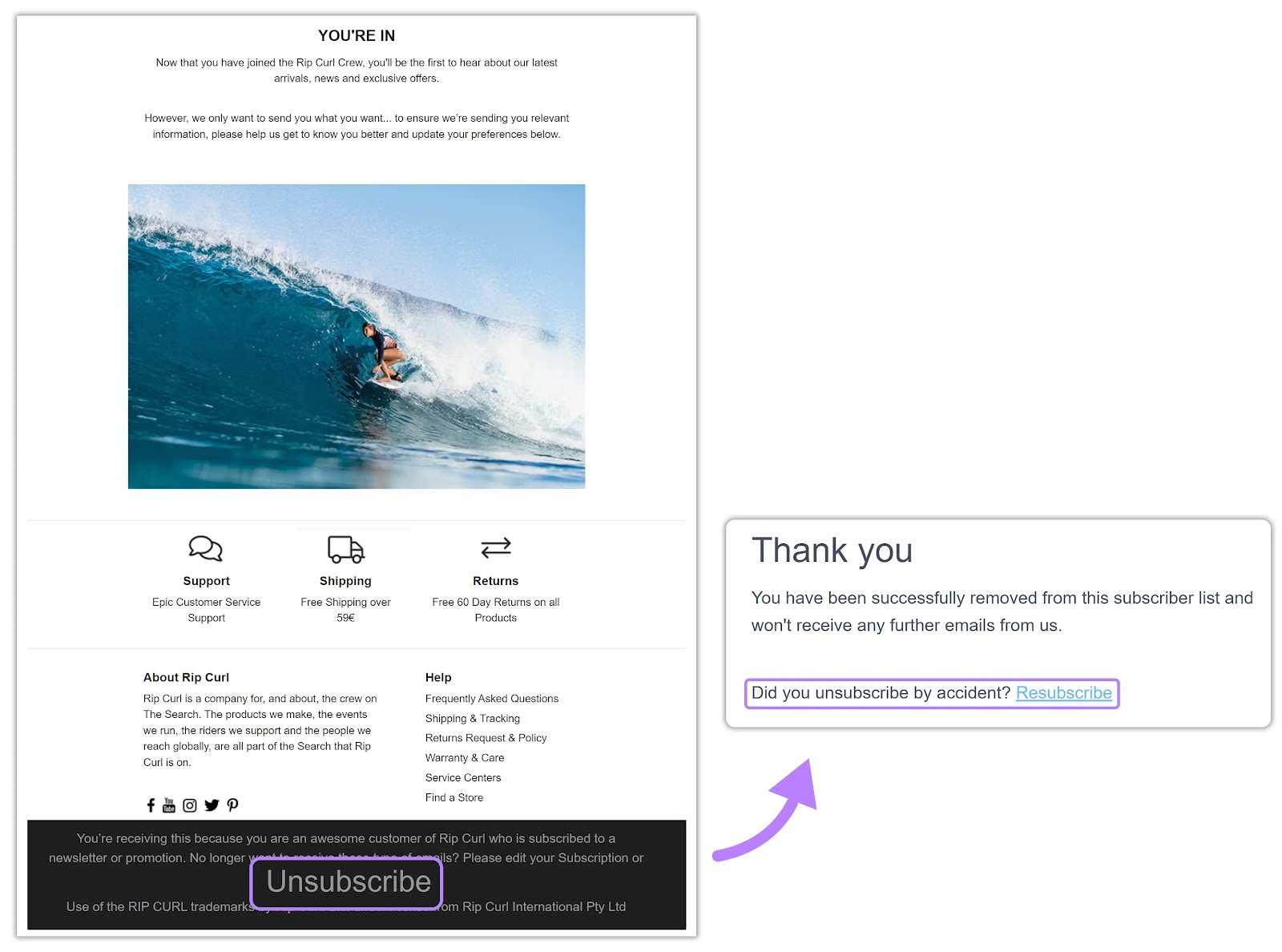 Rip Curl's email with an "Unsubscribe" button highlighted at the bottom