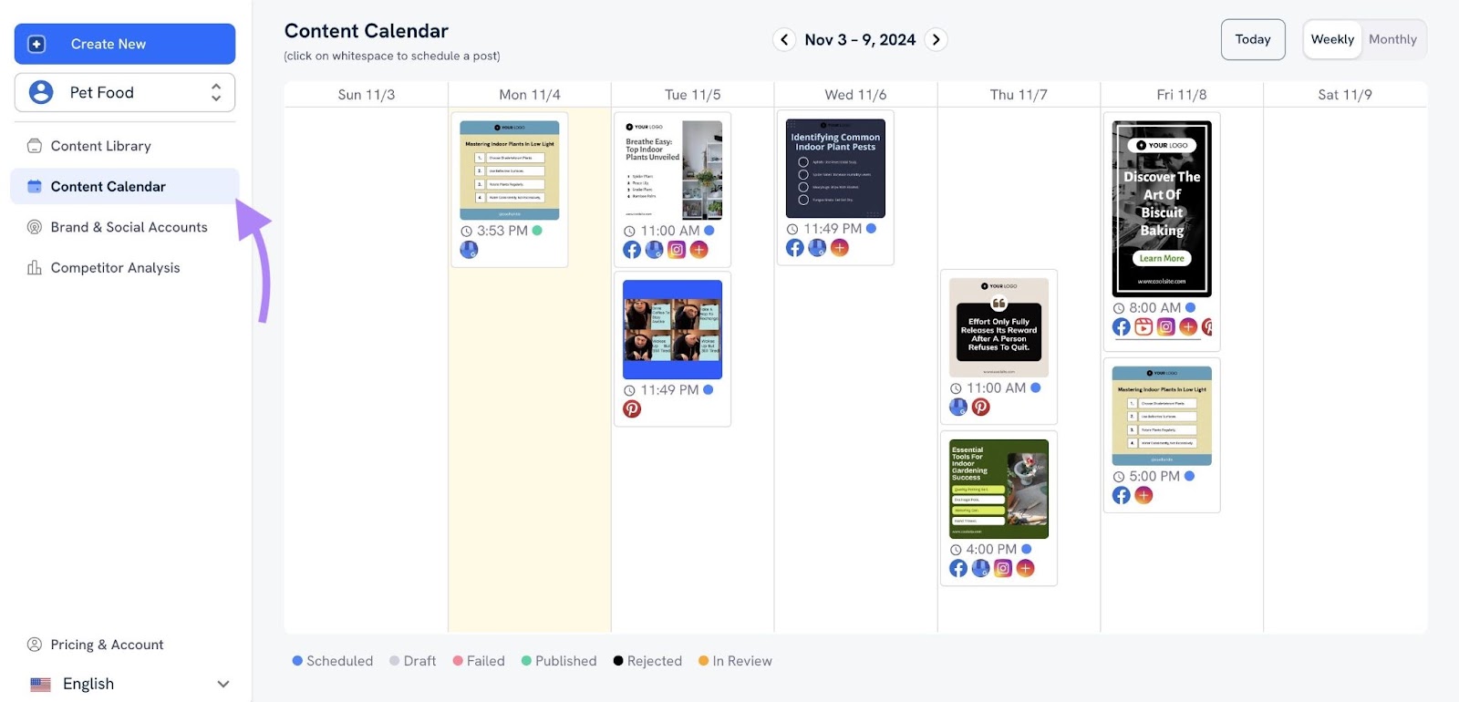 Content Calendar on AI Social Content Generator showing a list of published and scheduled social media posts.