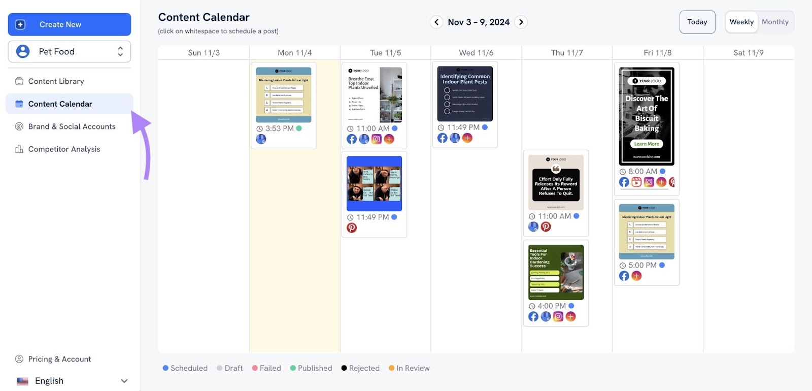 Content Calendar on AI Social Content Generator s،wing a list of published and scheduled social media posts.