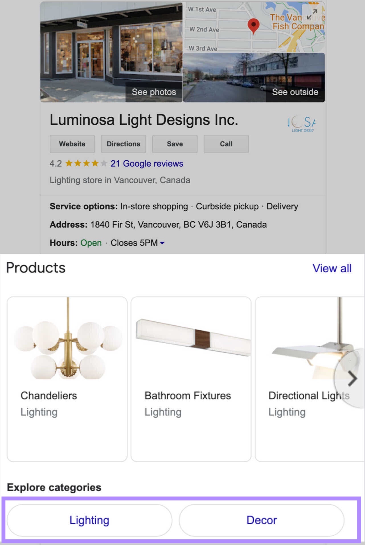 "Products" section under Luminosa Light Designs Inc. GBP