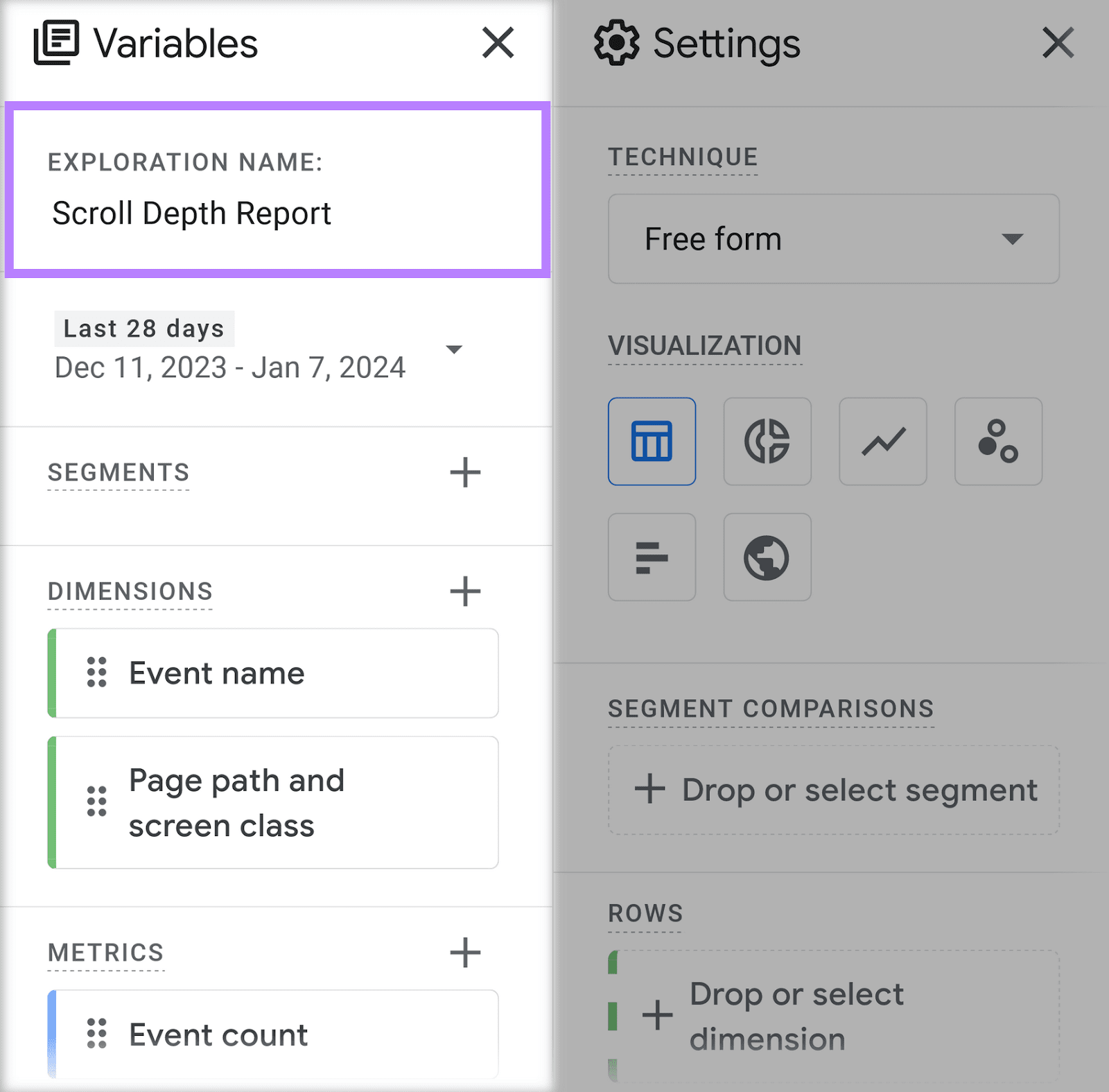 "Scroll Depth Report" added under “Exploration Name” field