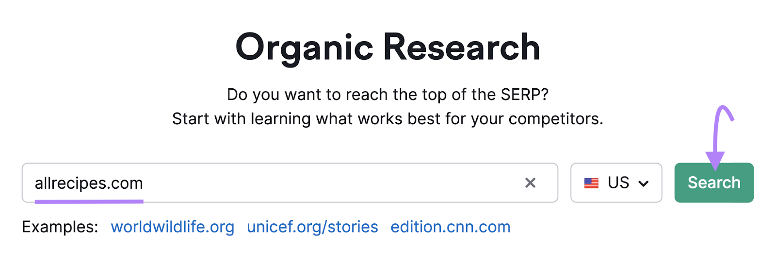 "allrecipes.com" entered into the Organic Research search bar