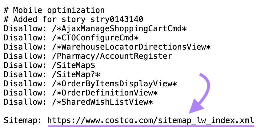 xml sitemap with the sitemap URL at the bottom of the file highlighted