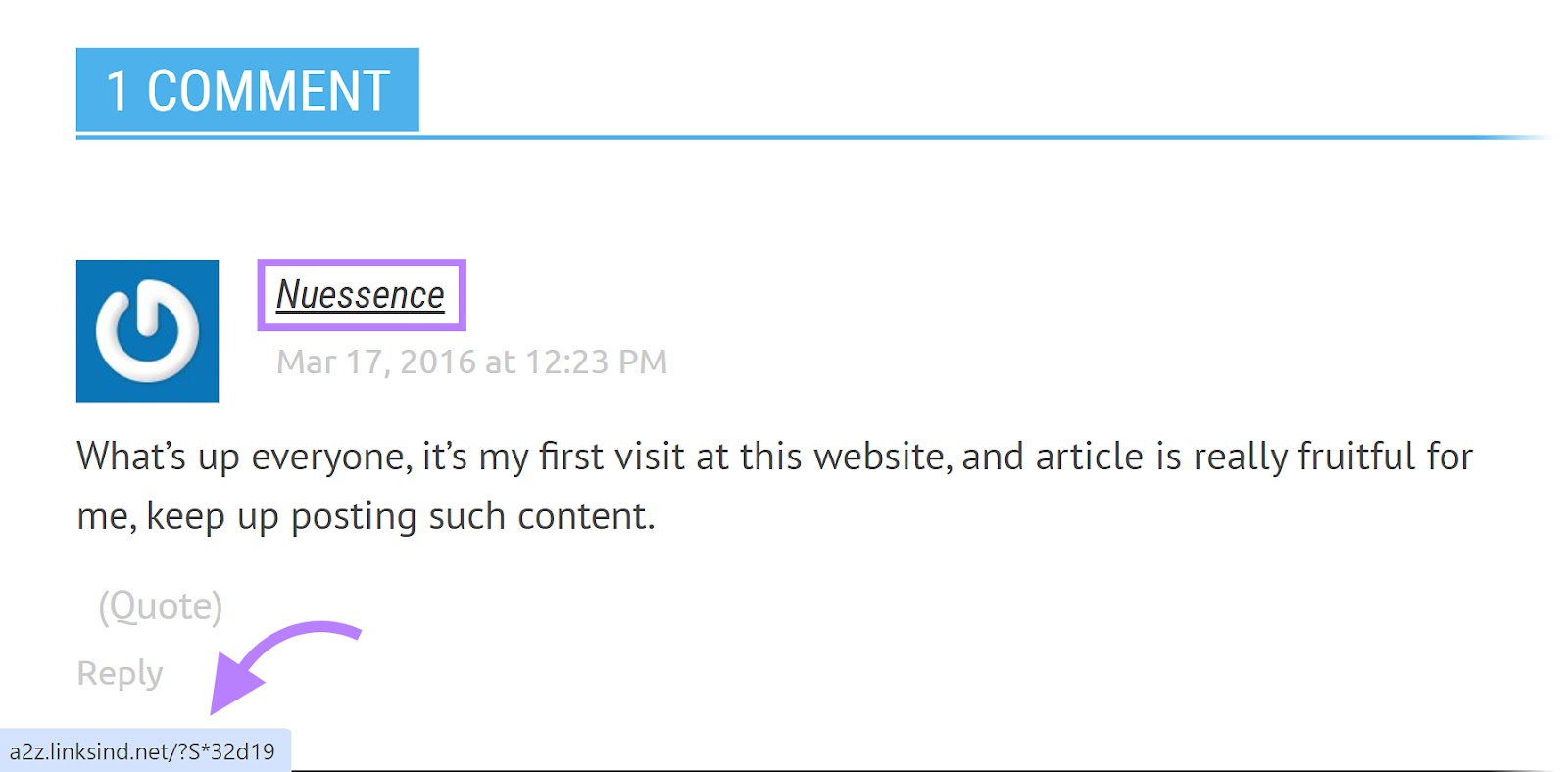 User comment on a website with the username highlighted containing a spammy link