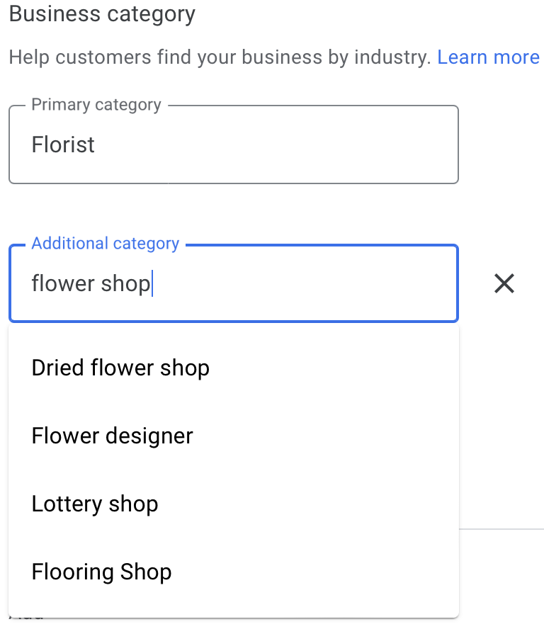 "Florist" chosen as a primary category and typing “flower shop” to select an additional category