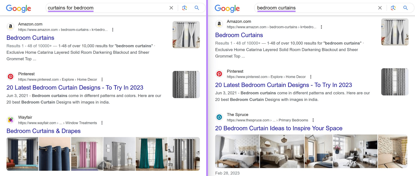 Google search results for “curtains for bedroom” and “bedroom curtains”