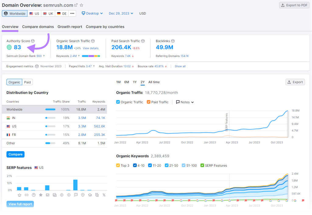 "Authority Score" metric highlighted in Domain Overview dashboard