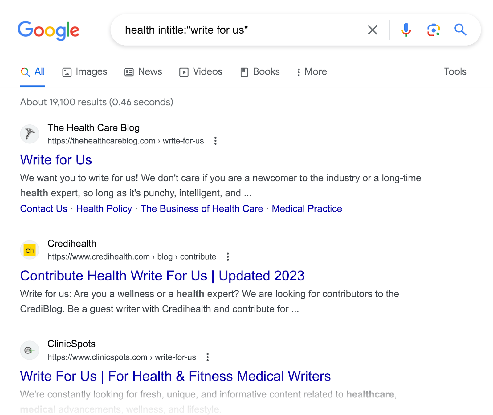 Google search results page for "healts intitle:"write for us"