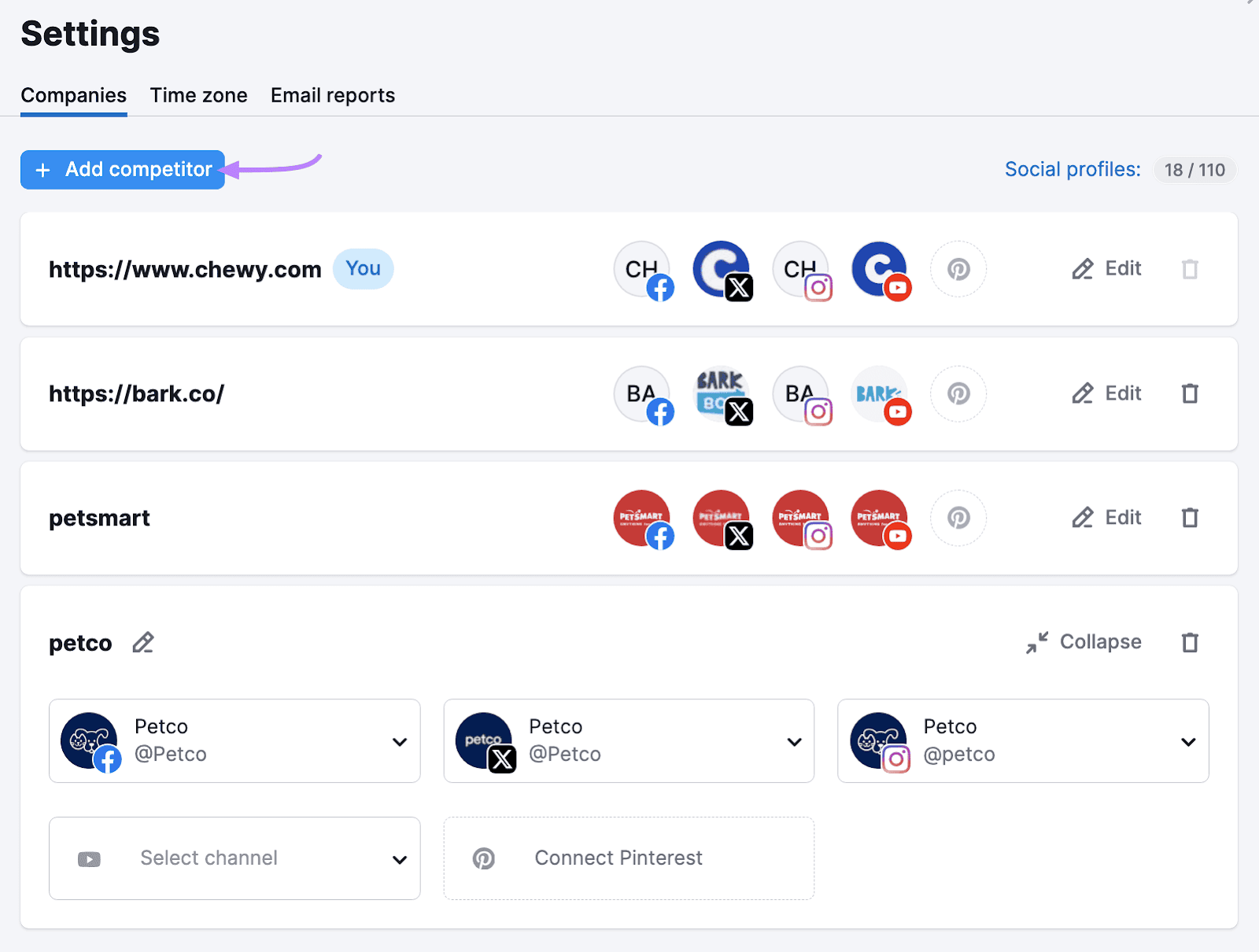 Semrush's Social Tracker "Settings" interface showing a list of company competitors with an option to add a new competitor