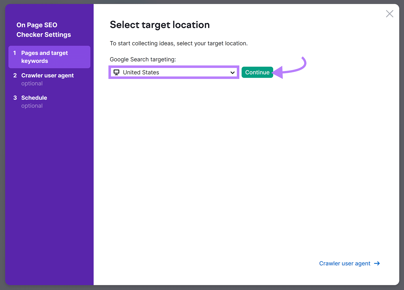 Target location set to United States and arrow to Continue button