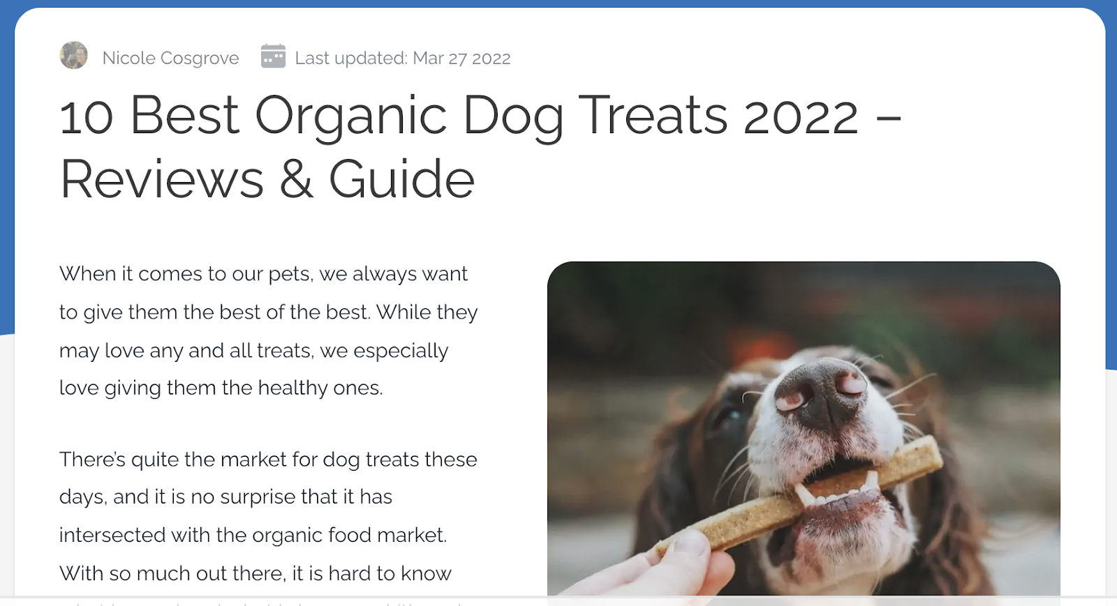 A blog page with the title that reads "10 Best Organic Dog Treats 2022 - Reviews & Guide"