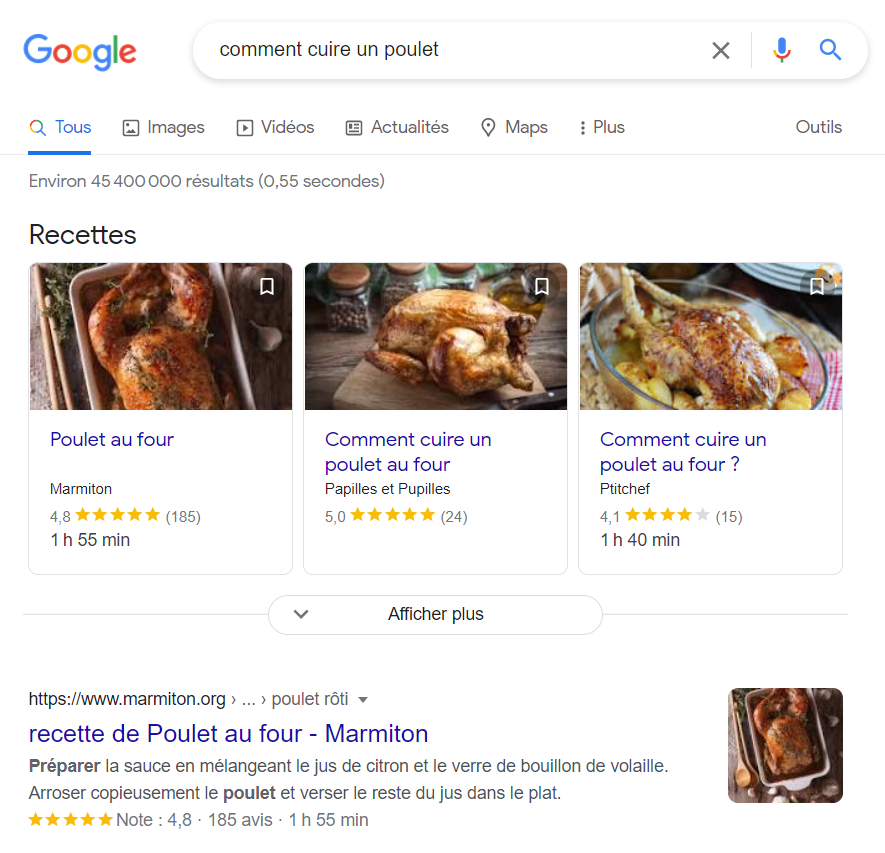 résultat Google avec rich snippet recette