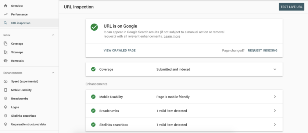 menu google search console