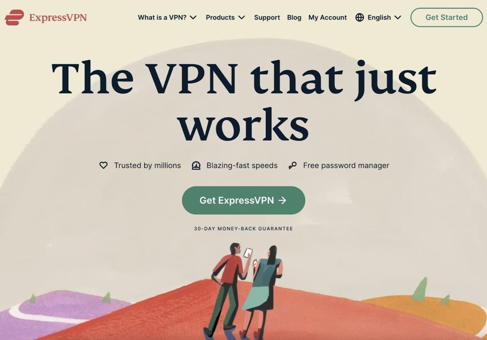 Two people on smartphones stood on a hilltop alongside VPN offer