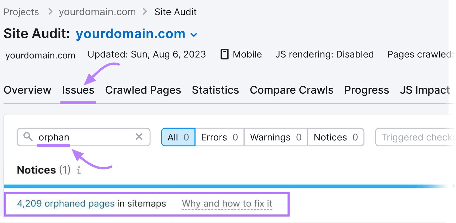 search for “orphan” in Site Audit "Issues" tab