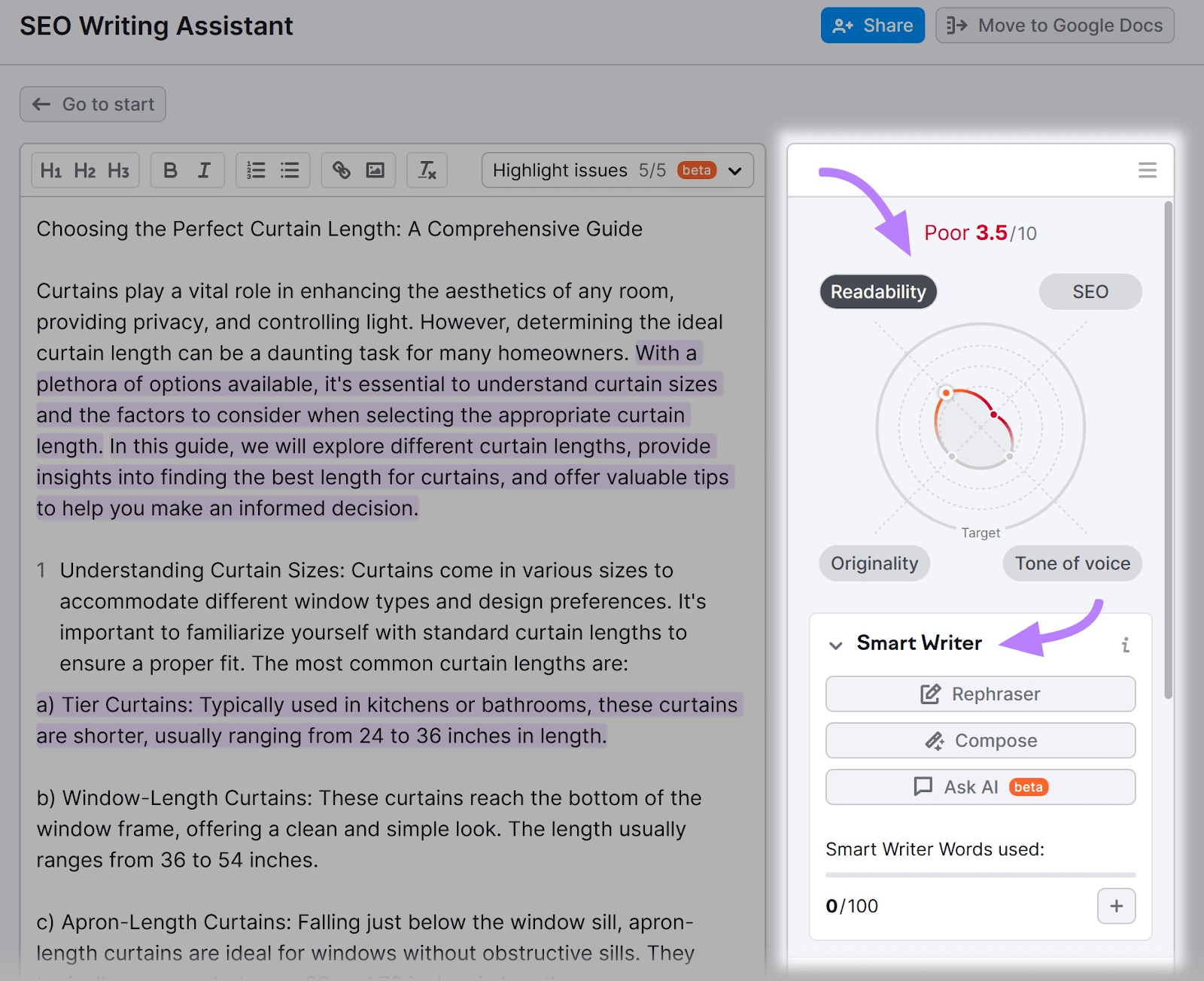 metrics in SEO Writing Assistant with Smart Writer highlighted