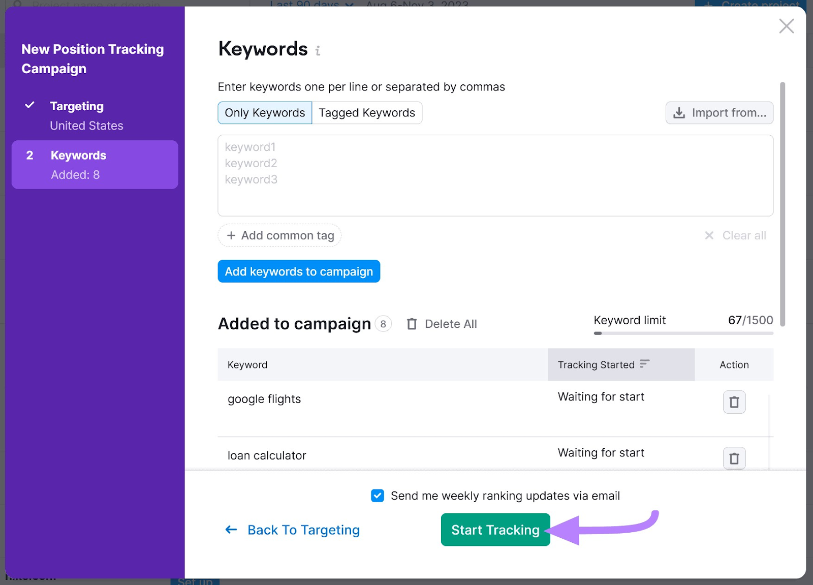 "Keywords" window in Position Tracking settings