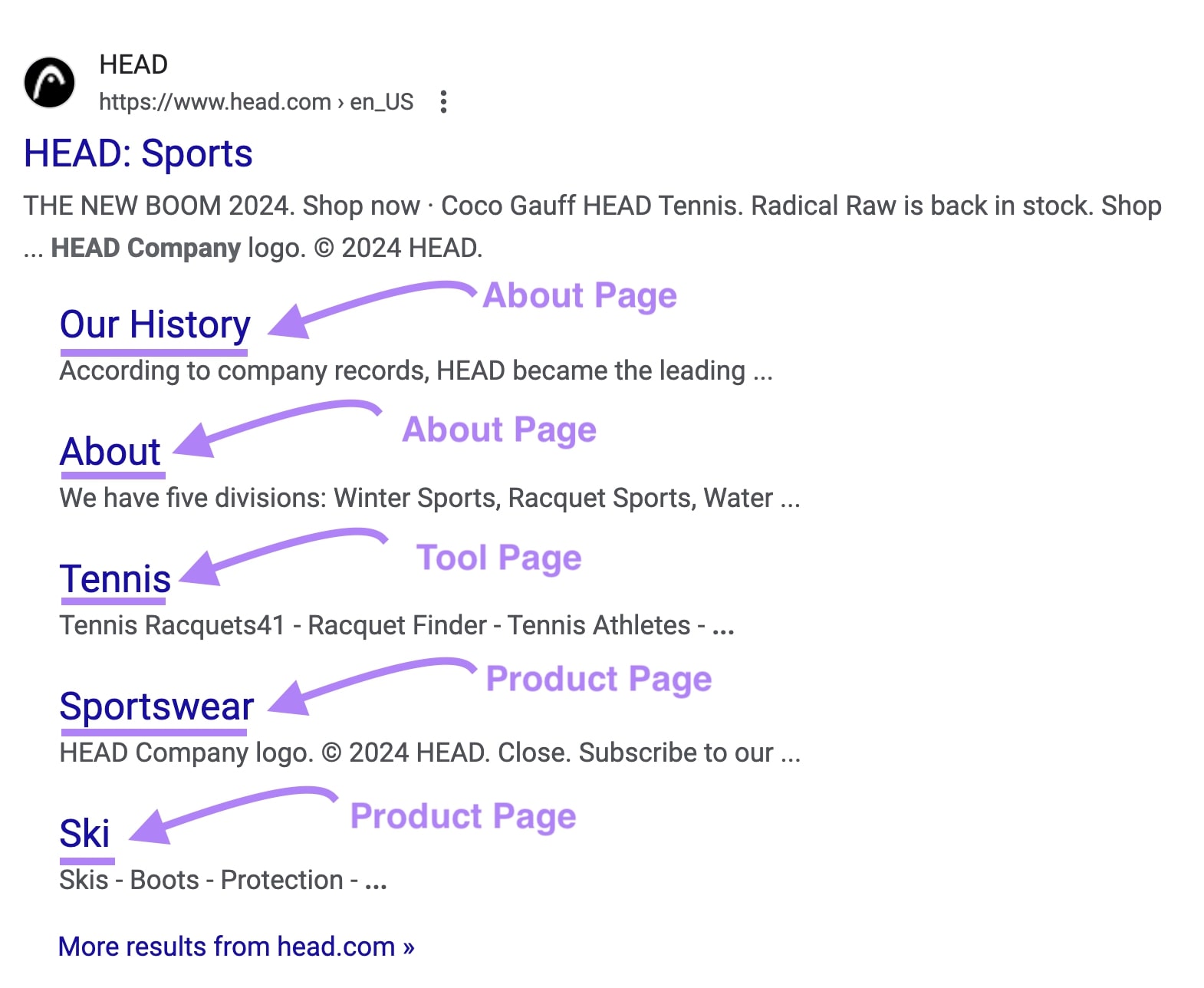 Google search result for HEAD showing multiple sitelinks for about pages, a tool page, and product pages.